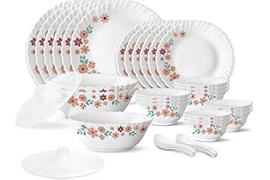 Larah by Borosil Ayana Silk Series Opalware Dinner Set | 35 Pieces for Family of 6 | Microwave & Dishwasher Safe | Bone-Ash F