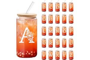 DETENE 550ml Bicchiere di Vetro con Coperchio Bicchiere da Birra con Coperchio e Cannuccia La Scelta Migliore per Regali Acronimi di Compleanno Maschile e Femminile o Regali di Natale(A)