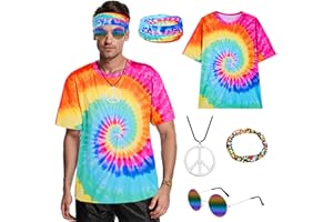 Puddry Hippie Costume Men Women 60s 70s 80s Outfit Men's 70s Clothing Men with Colourful T-Shirt + Peace Chain + Hippie Glasses + Headband + Bracelet, Disco Outfit Carnival Fancy Dress Costume