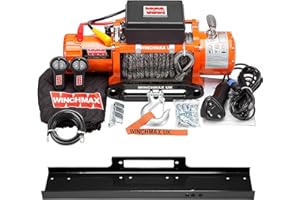 ‎WINCHMAX Winchmax 13500lb / 6123kg Original orange 12v elektrische Winde. 28 m 11 mm Dyneema SK75 mehrsträngiges Synthetikseil, 3/8 Zoll Gabelkopfhaken, Twin Wireless Fernbedienung, Flachbett-Montageplatte