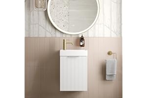 BAYSTONE® Fluted 400mm Bathroom Vanity Unit Ceramic Wash Sink, Cloakroom Storage Furniture Under Basin Cabinet Wall Hung Cupboard, Matt White