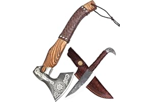 CraftTal Wikinger-Axt-handgefertigtes 2 in 1 Axt und Rabenkopf-Messer. 48cm Griff aus Eschenholz. 1095 Kohlenstoffstahl scharfe Klinge mit Lederscheide