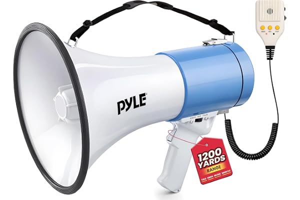 Pyle 50 W megafon bullhorn – bärbar, automatisk siren och justerbar volym, projektionsområde upp till 1 200 kvadratmeter, aux-ingång, samtal, siren, musik, visselpipa och rekord, axelrem