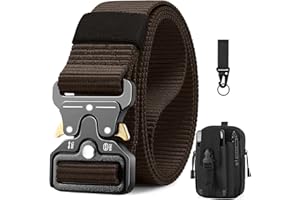 BESTKEE Ceinture Tactique, 3.8 cm Ceinture de Travail Militaire, Ceinture Noire en Nylon Robuste avec Boucle en Métal à Dégagement Rapide, Offerte avec Sac Tactique MOLLE et un crochet