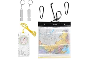 Midyrrg Set of 6 Map Case Waterproof Hiking PVC with 1 Compass 2 Whistle 2 D-shape Carabiners Transparent Map Holder Waterproof Walking Clear Map Bag with Neck Strap for Camping Outdoor Survival