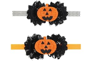 UZYXC 2 Pièces Bandeaux Bébé Fille, Design Citrouille Halloween avec Dentelle Noire, Élastique Doux pour Nouveau-nés, Bandeaux Citrouille, Orange sur Noir avec Double Dentelle