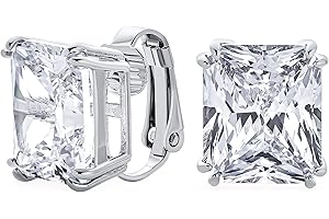BLING JEWELRY Boucles D'Oreilles À Clip Solitaire En Forme De Carré Princesse Avec Grande Déclaration Classique Traditionnelle CZ AAA Plaqué Argent Non Percées Pierre Précieuse Simulée Couleurs De Bijoux 12MM