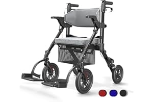 ‎VOCIC VOCIC 2 in 1 Rollstuhl Rollator Faltbar und Leicht mit Sitz,Outdoor Gummireifen für Allen Gelände,Leicht Rollatoren mit Netztasche,Aluminium Gehhilfer Transport-Stuhl,Obsidianschwarz (5 Jahre Support)