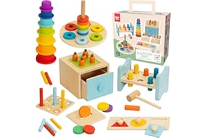 Nene Toys Juguetes Montessori 1 Año – Juguete de Madera Bebé 12–24 Meses con Caja de Actividades 3 en 1, Vasos Apilables Silicona, Banco de Martillar, Puzzle de Formas y Torre de Anillos