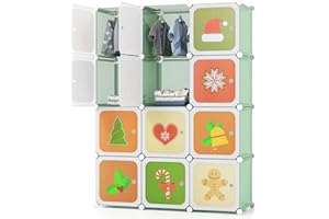 GYMAX Cartoon Clothes Closet, Portable Kids Wardrobe with Hanging Section, Children Storage Unit for Bedroom Nursery (Green, 12 Cubes Christmas: 109 x 37 x 145cm)