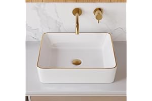 DeerValley Lavabo Salle de Bain Ally Blanc Carré Lavabo Salle de Bain Rectangulaire avec Bordure Dorée, Lavabo en Céramique Blanche à Poser