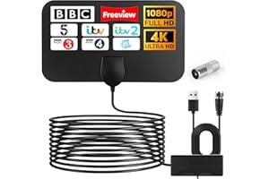 Texliney Indoor TV Aerial, Upgraded TV Aerial - Digital TV Aerial Indoor with Booster 250+ Long Range Reception, Support 4K 1080p HD VHF UHF All TV's with Signal Booster & 16.4 ft Coax Cable