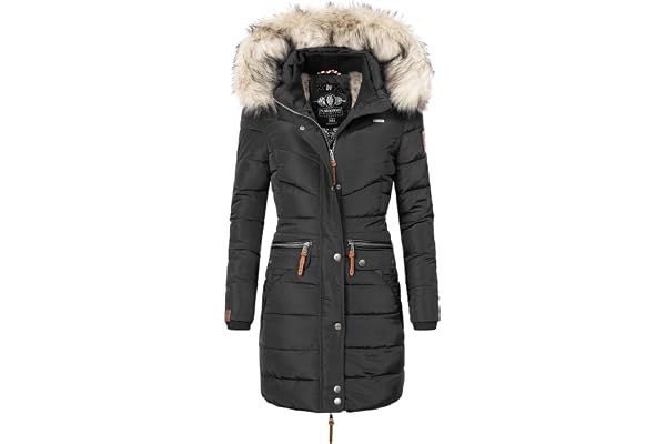 Navahoo Paula Damvinterkappa, varm quiltad kappa, lång, med avtagbar konstpälshuva, storlek XS–5XL