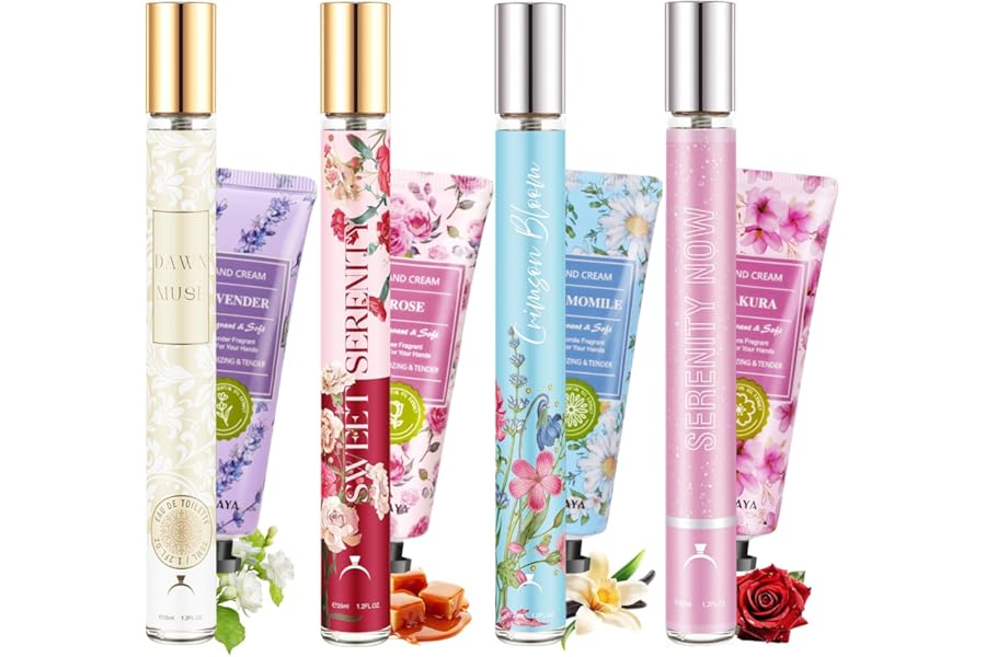 Women Perfume Gift Set, 4 x 35ml Luxury Long-Lasting Eau De Parfum Fruity Floral, Mini Perfume Gift Sets for Women Her Mum Ladies Birthday Anniversary, with 4 Moisturizing Hand Cream