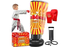 ATLASONIX Inflatable Kids Punch Bag, Boxing Bag for Kids 5-10 Years Old, Kids Boxing Gloves and Pads Set, Boxing Bag Free Standing, Kickboxing Standing Dummy Punshing bag for kids, for Boys Girls