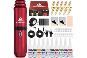 Blackbudda Macchinetta Tatuaggi, pistola rotativa per tatuaggi, Inchiostri per Tatuaggi a 10 Colori, Kit per Tatuaggi Rotanti per Principianti, 10 Cartucce ad Ago (rosso)
