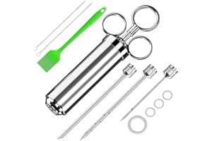 NIFOGO Vrent Fleischspritze, BBQ Bratenspritze mit 3 Nadeln, 304 Edelstahl-Marinadenspritze-Spritze mit 1 Silikonbürste, Marinadenspritze für Fleisch Huhn Rind Gebäck mit Marmelade (Silber)