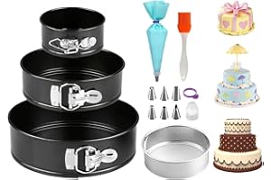 Jingxinxin Cake Tins Set 3 Pcs(4"/7"/9"), Non-Stick Springform Baking Trays & 1 Flour Sieve, Piping Bags and Nozzles 8 Pcs, 1 Oil Brush, Cheesecake Pan with Removable Bottom
