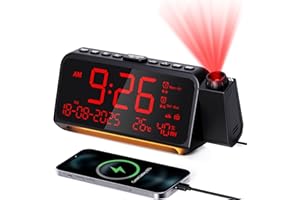 MESQOOL Radiobudzik cyfrowy, budzik z projektorem, radio FM i automatyczny wyłącznik, projektor 320° ze ściemniaczem, tryb weekendowy, podwójny alarm, temperatura i wilgotność powietrza, budzik głośny z