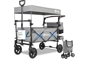 ‎SEKEY Sekey Bollerwagen Faltbar mit Dach 2 Kinder 100KG, Faltbarer Bollerwagen Handwagen Schiebegriff, Kinderwagen Stoßfest PU-Räder mit Bremsen 110L, SS5050, Grau