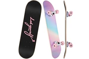 ILAHUI - Monopatín para Adolescentes, niña, Adulto, Principiantes, 7 Capas, Madera de Arce, Bandeja de 80 x 20 cm, para Llevar Bolsa de monopatín – Polvo Arco Iris