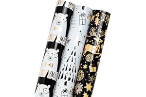 Holijolly Rouleau De Papier D'Emballage De Noël - Mini Rouleau - 43 Cm X 3 M Par Rouleau - 3 Motifs Différents D'Ours En Or Noir