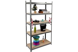 Albert Austin Metal Storage Shelves, 5 Tier Shelving Unit, Garage Shelving, Kitchen, Bathroom, Gardening, Shed & Garage Storage Rack, Standing Shelf Organiser, MDF Boards Shelf (GREY)