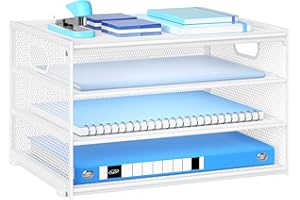 ‎MARBRASSE Marbrasse Schreibtisch Organizer,4-Stufiges Metall Netz-Briefablage mit Griff,Zeitungsordner,Papier Dokumenten Ablageteller Organisator für Büro,Zuhause und Schule (Weiß)