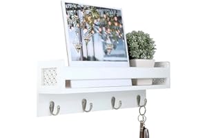 Satauko Key Holder for Entryway Decor Organizer, Wooden Floating Shelf Features 4 Metal Hooks, Coat Hooks Wall Mounted with Shelf for Kitchen Spice Rack Storage, Hallways and Bathrooms.