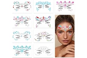 BOBOPACK Pegatinas de Cara de Cristal 9 Decoración Autoadhesiva de Cara con Purpurina de Diamante, Adhesivo Fuerte, sin Pegamento Residual, Seguro para la Piel, Adecuado para Fiestas, Maquillaje