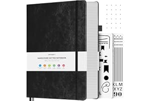 OFFIGIFT Dotted Notebook, 312 Numbered Pages Large B5 Hardback Leather Notebook, 100gsm No Bleed Paper Dot Grid Notebook with Index Pages, Dotted Journal for Bullet Journaling, 19.3 x 26.4cm, Black