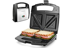 Aigostar Lamo - Sandwichera, 800W, Revestimiento Antiadherente, Libre de BPA, Placas con Forma Triangular, Indicador LED, Asa de Tacto Frío, Almacenamiento Vertical, Color Acero y Negro