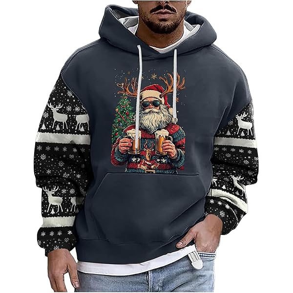 Pull De Noël Moche Rigolo Homme - Sweat à Capuche Oversize, Motifs Père Noël, Rennes Et Verres à Vin 3D