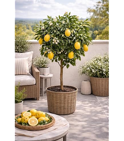 Citrus limon Lunario echte citroenboom (C17), vier seizoenen, voor balkon, tuin en terras, 120 cm, robuuste citroenboom, met oogst het hele jaar door