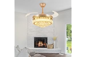 Depuley 42 Inch Crystal Ceiling Fan Light, APP Control Smart Fan with Dimmable Light, 4 Blade Retractable Modern Crystal Chandelier for Bedroom, Living Room, Dining Room, Gold