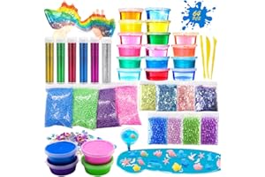 JORAKI 64-częściowy zestaw do modelowania gliny, z kryształową gliną, brokatem, konfetti w proszku, kule piankowe, żywica, kształt zwierzęcy, zestaw do krojenia, dla dzieci, rzemiosło artystyczne, zabawka, prezent od 3 lat