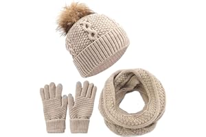 CheChury Femme Tricotés Chapeau Ensemble Bonnet Pompom Écharpe Gants Écran Tactile Hiver Chaud Tour de Cou avec Doublure 3 Pièces pour Hommes et Femmes