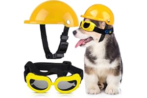 FRIENDA Dog Helmet and Goggles Set - 4 Inch Padded Motorcycle Helmet, Sunglasses Safety Cap, Hard Hat With Adjustable Belt for Small Pets Riding, S Size (Yellow)