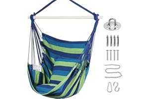 Goutime Swing Chair Large Hammock Chair Soft Cotton with 2 Seat Cushions Hanging Swing Outdoor & Indoor 330 lbs (Blue and Green)