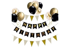 YELYAN Luftballons Geburtstag Dekoration Set, Schwarz Gold Geburtstagsdeko Happy Birthday deko Banner Party Deko Geburtstag Set mit Gold Luftballons Konfetti Ballons Dreiecksflaggen Girlanden