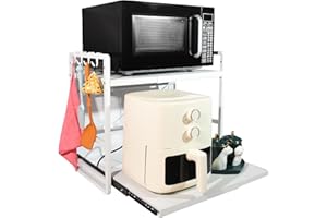 BeSokar Kitchen Shelf with 2 Tiers, Adjustable Height and Extendable Shelf with Drawer, Carbon Steel, Hooks and Reinforcement Suction Cups, Easy Assembly, White