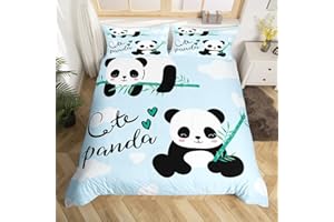 LOUSSIESD Set di biancheria da letto con simpatico panda in stile cartone animato, per bambini, ragazzi e ragazze, con copripiumino kawaii, blu, per letto singolo