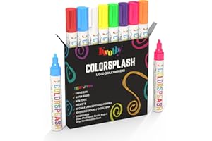 Krobby colorsplash - Rotulador tiza liquida para cristal, pizarra, plastico, ceramica. Punta 6 mm reversible, borrado en seco y con paño húmedo. + 32 etiquetas adhesivas
