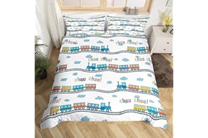 MANFEI Bunte Zug Bettwäsche Set S Größe Cartoon Auto Bettbezug Set Blaue Zug Gleise Wolke Tröster Abdeckung Kinder Jungen Mädchen Teens Zimmer Dekor Transport Fahrzeuge Quilt Cover,1 Kissenbezug