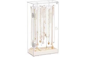 mepure Jewellery Stand Display with Velvet Tray – Dustproof Jewelry Organizer & Necklace Holder with 24 Hooks, Clear Acrylic Jewellery Hanger for Bracelets & Rings.