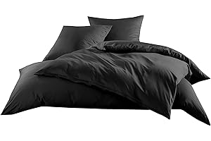 ‎BETTWAESCHE-MIT-STIL Mako-Satin Baumwollsatin Bettbezug Uni einfarbig zum Kombinieren (Bettbezug 135 cm x 200 cm, Schwarz)
