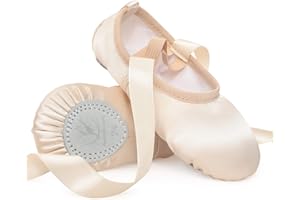 TANZDUNSJE Zapatillas de Ballet Satén Zapatillas de Danza Suela de Cuero con Cinta para Niñas Tallas 22-40