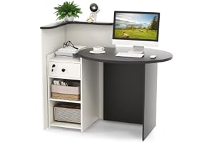 COSTWAY mottagningsdisk, receptionsdisk med låsbar låda, justerbar hylla, oval bordsskiva, detaljhandelsdisk, receptionsdisk för reception, salong och kontor