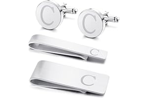 Kakonia 4 PCS Initial Cufflinks and Tie Clips for Men Stainless Steel Personalized Engraved Cuff Links and Tie Bar Money Clip Set Alphabet Letter A-W with Gift Box for Father Husband