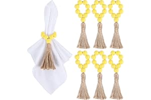 Meplait 6 Pieces Wooden Bead Napkin Rings Boho Napkin Rings for Dining Table, Wedding Decoration (Yellow)